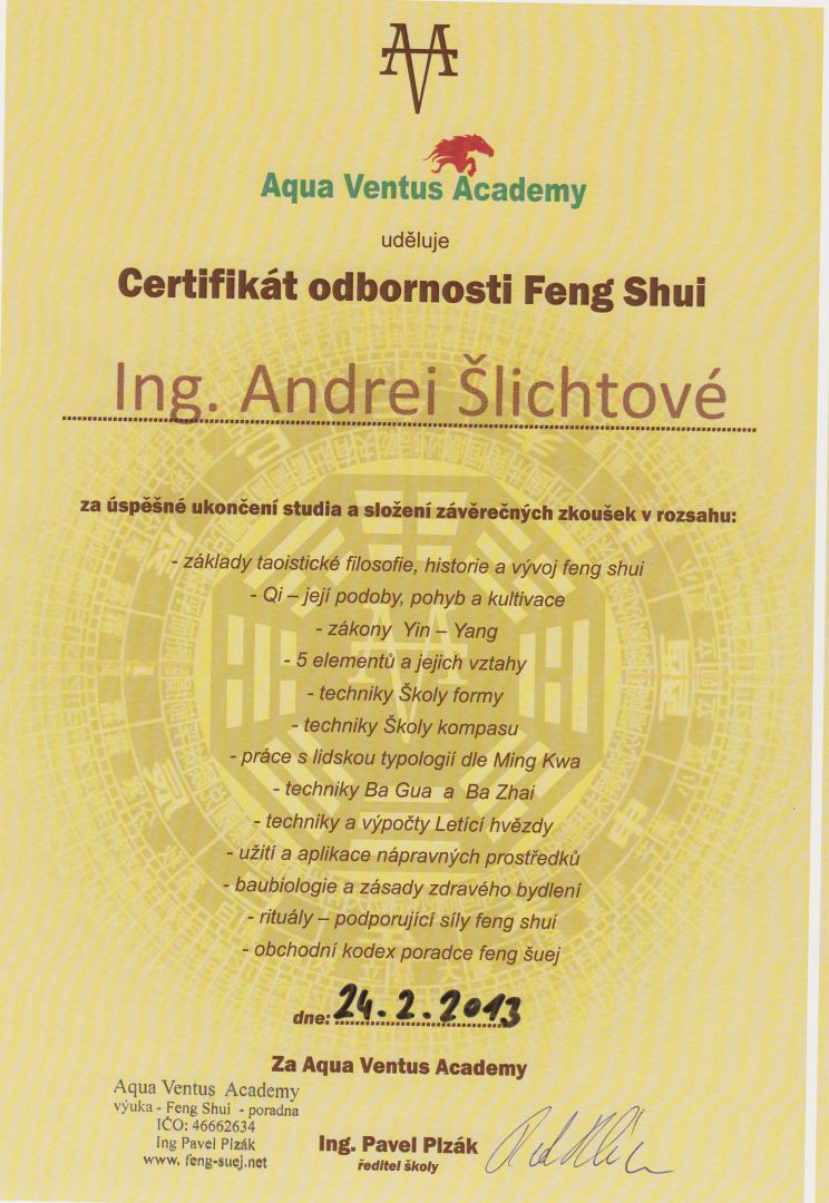 Certifikát FENG ŠUEJ